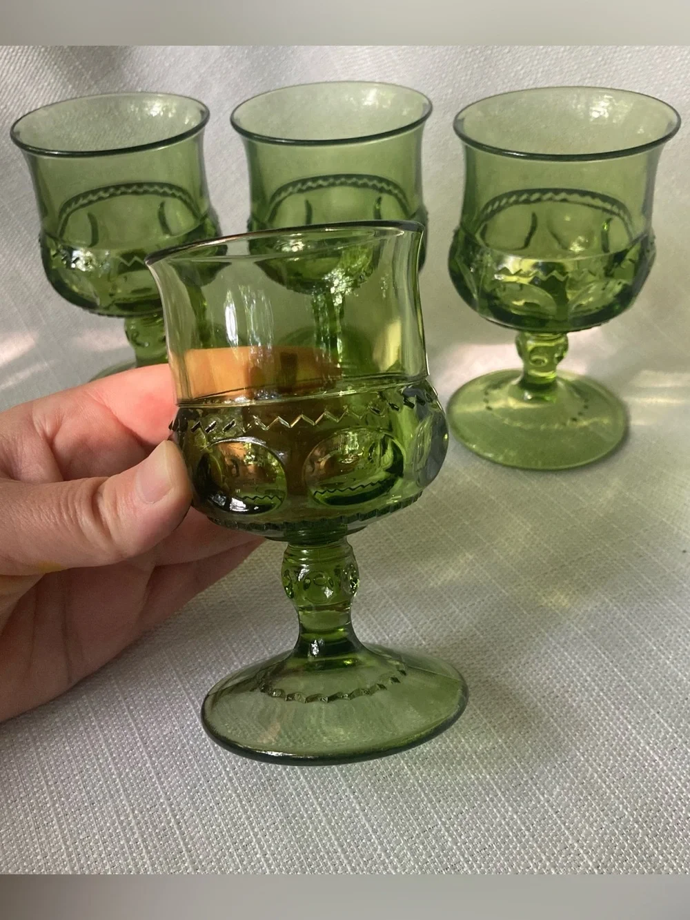 Set of 4 Vintage Indiana Glass King's Crown Green Thumbprint Design Goblets!